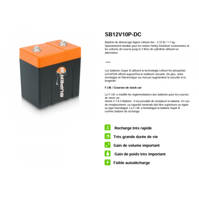 Batterie compétition SUPER B lithium-ion SB10P 12 volts 10Ah