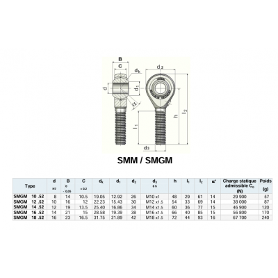 Rotule UNIBAL male M16x150 pas à droite diamètre œil 14mm acier/acier haute résistance