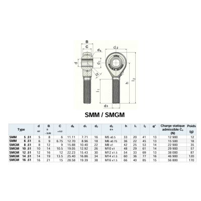 Rotule UNIBAL male M18x150 pas à droite diamètre œil 18mm acier/acier haute résistance